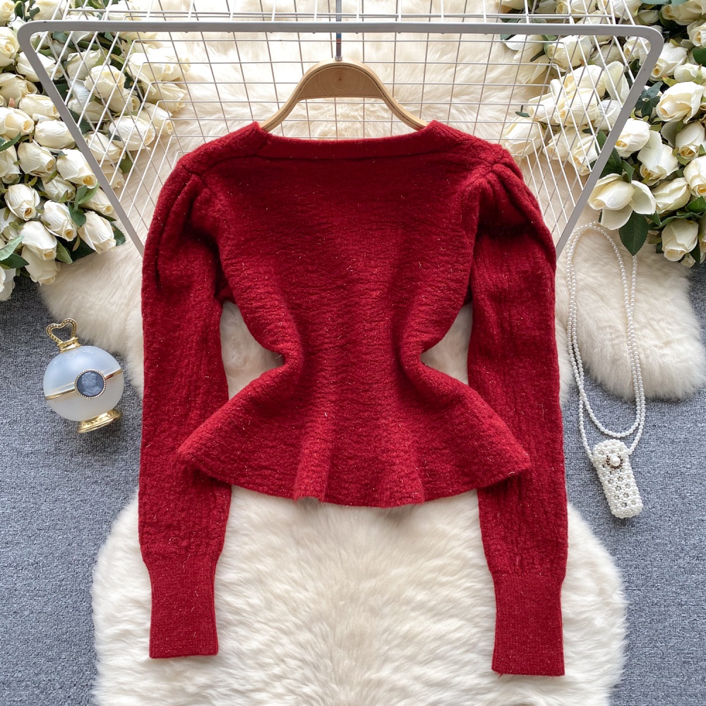 All-match winter short tops knitted red sweater for women