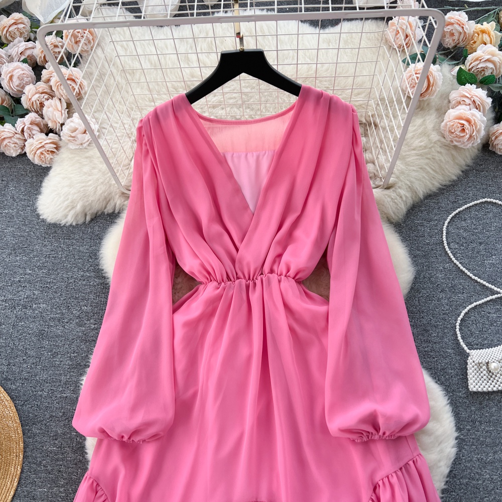 Pinched waist chiffon dress France style long dress for women