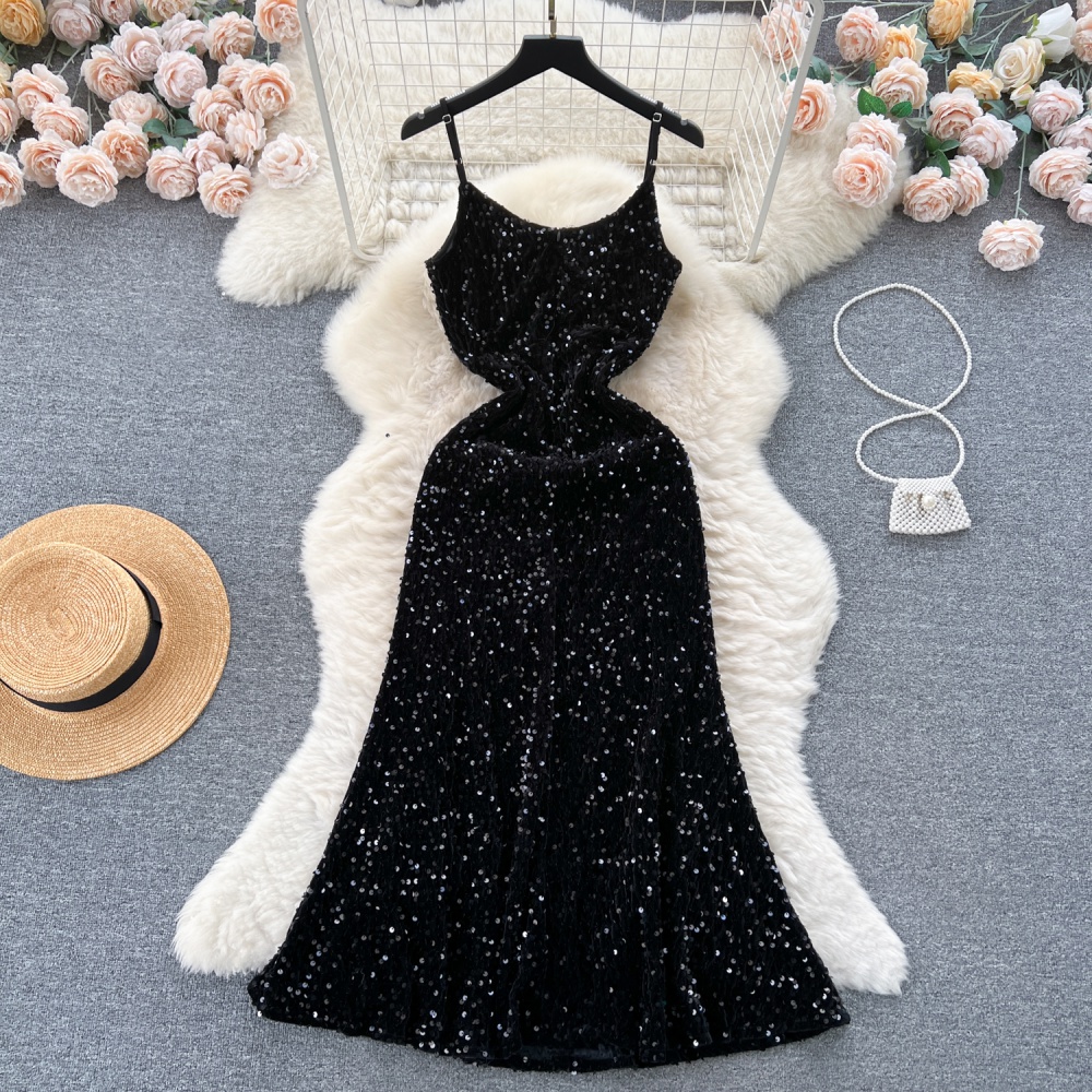 Sequins autumn and winter formal dress sling dress