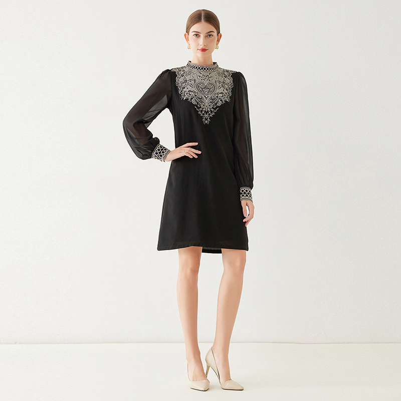 Transparent sleeve embroidery show young A-line dress