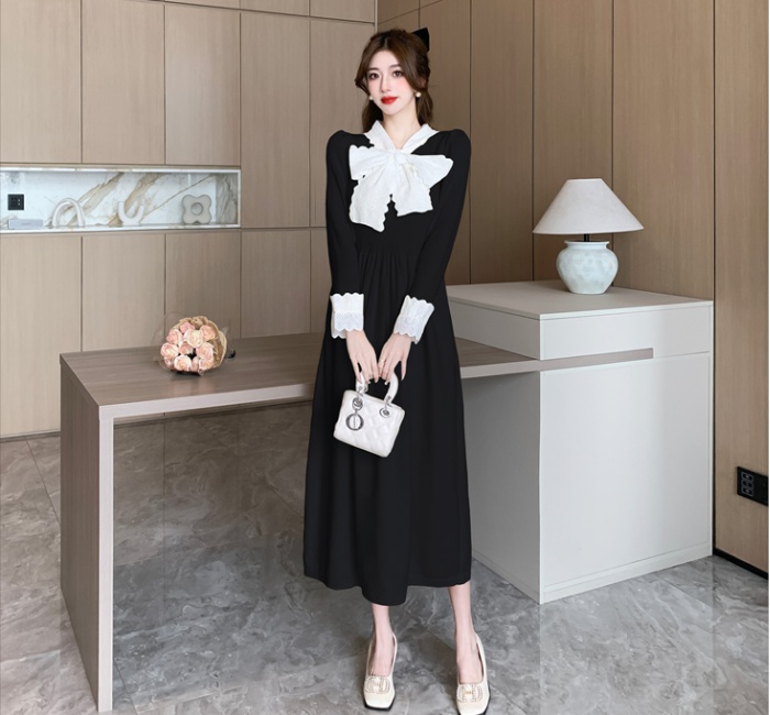 Splice knitted bow long dress winter slim dress for women