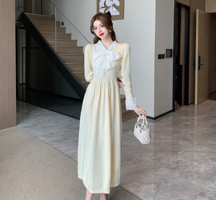 Splice knitted bow long dress winter slim dress for women