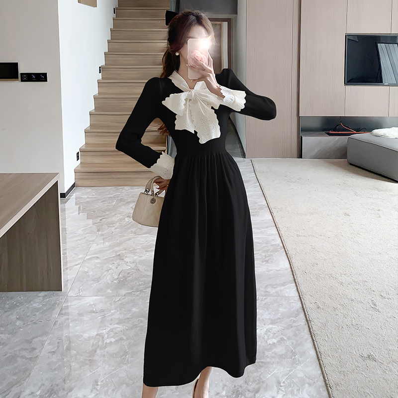 Splice knitted bow long dress winter slim dress for women