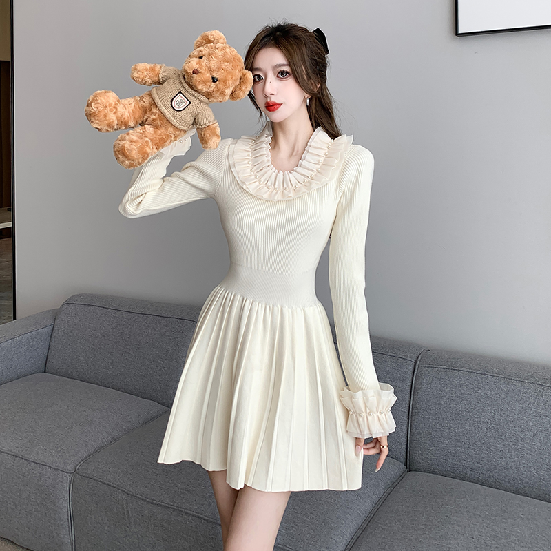 Pleated pinched waist knitted lace dress for women