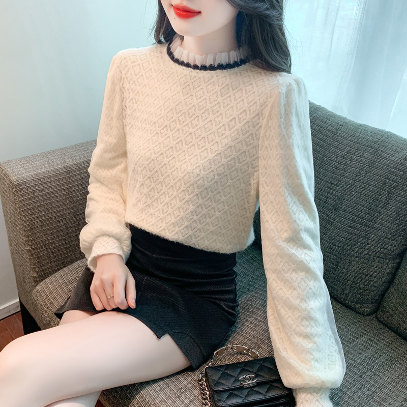 Plus velvet lace T-shirt thick bottoming shirt for women