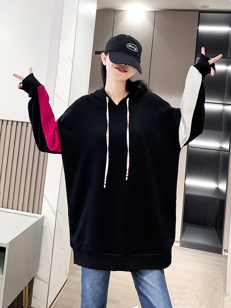 Hooded large yard loose fat black long hoodie for women