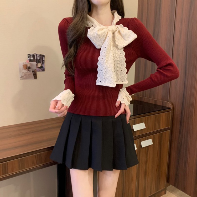 Bow lace France style slim temperament autumn and winter tops