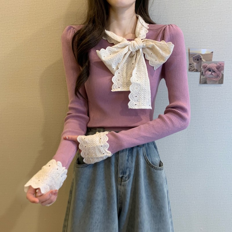 Bow lace France style slim temperament autumn and winter tops