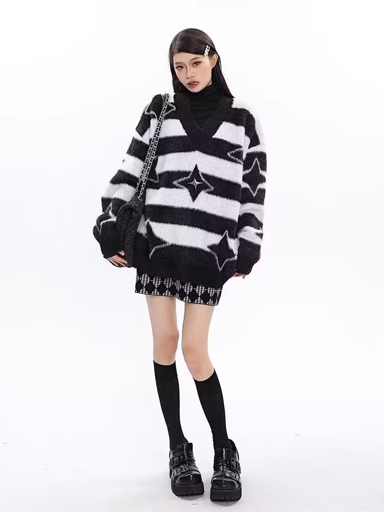 Mixed colors stripe sweater American style lazy coat