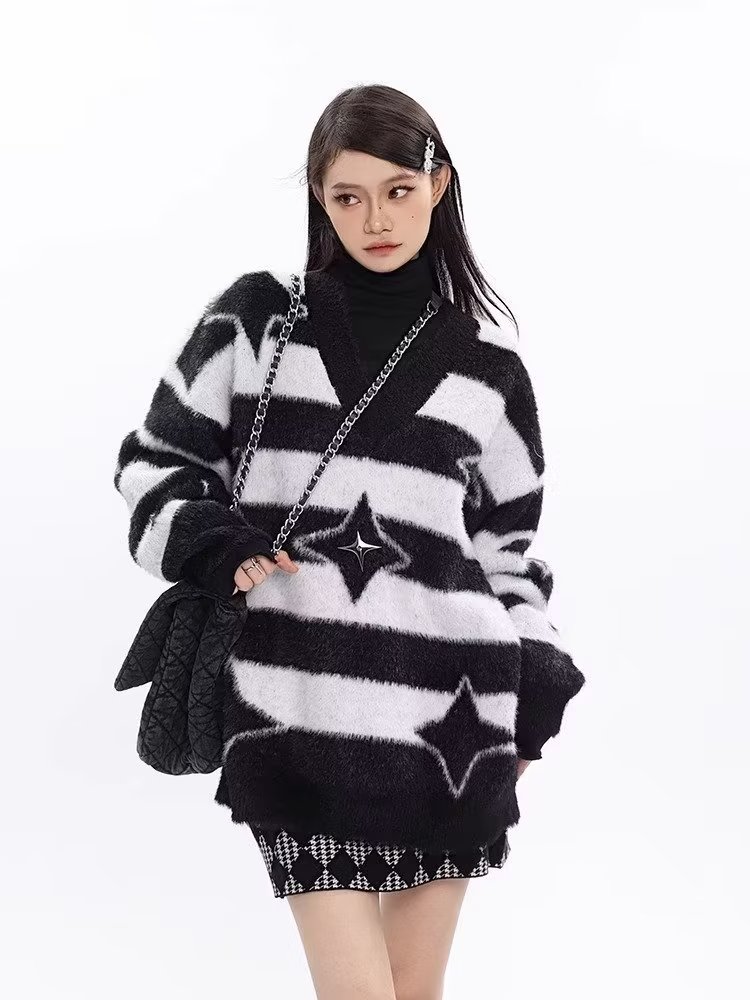 Mixed colors stripe sweater American style lazy coat