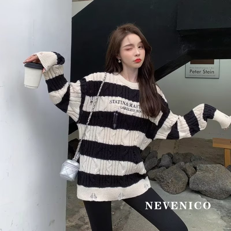 Couples retro pullover autumn and winter stripe sweater for women