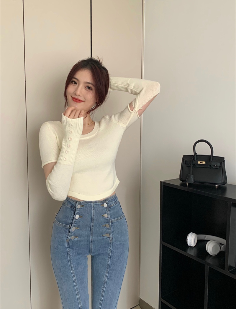 Splice sleeve knitted tops pure slim T-shirt