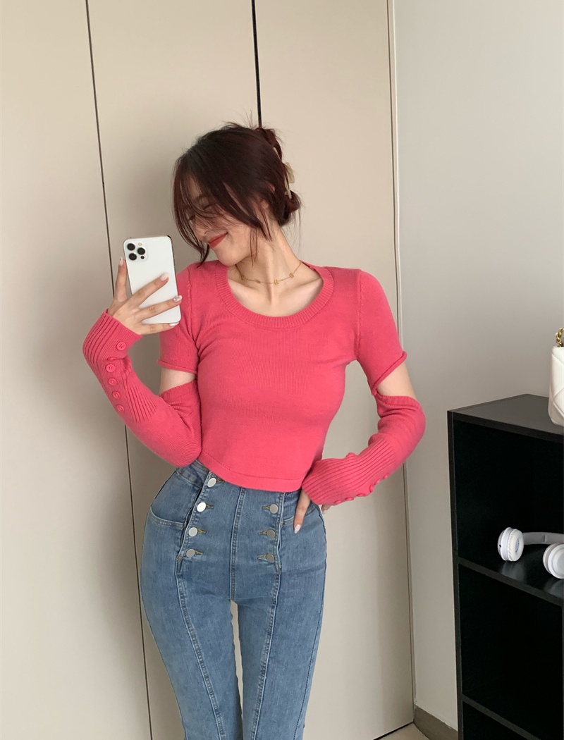 Splice sleeve knitted tops pure slim T-shirt