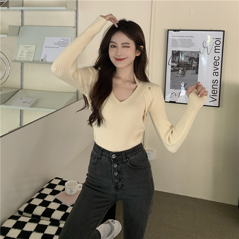 Niche V-neck knitted bottoming shirt unique hollow sweater