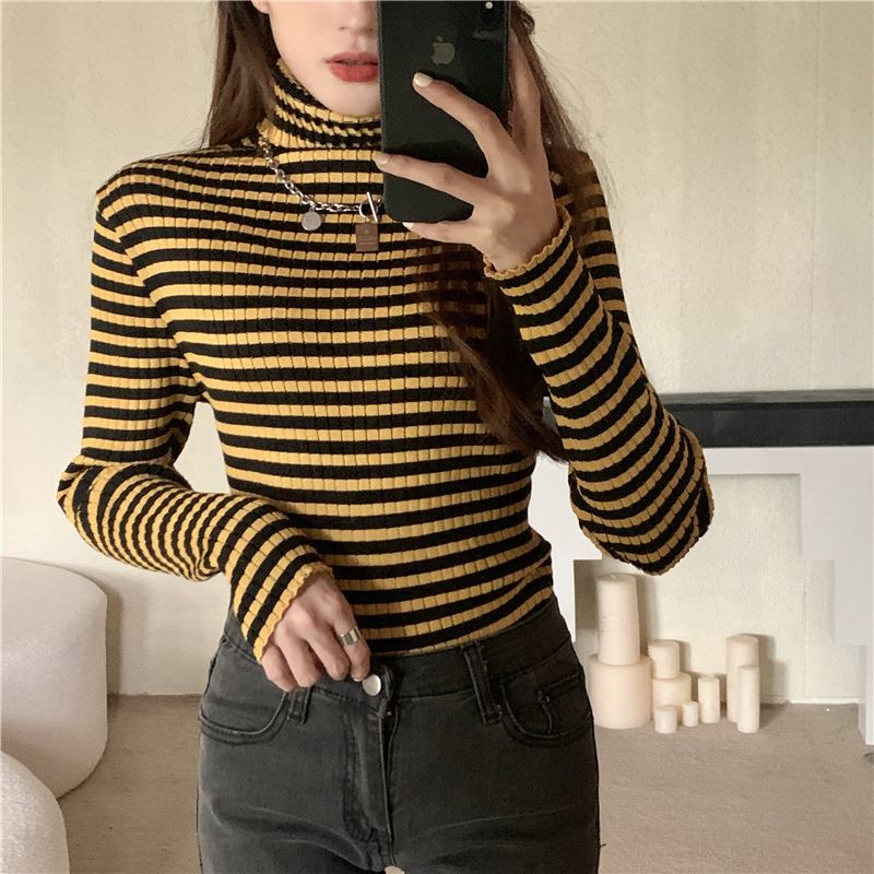 High collar sweater stripe bottoming shirt for women