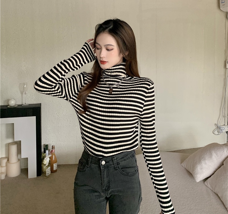 High collar sweater stripe bottoming shirt for women