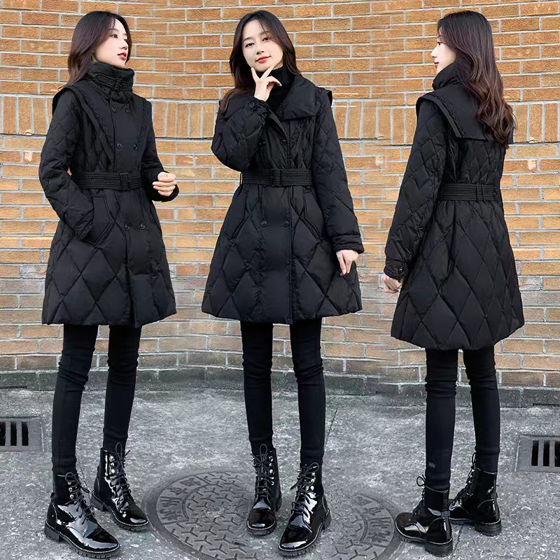 Long slim down coat pinched waist black coat for women
