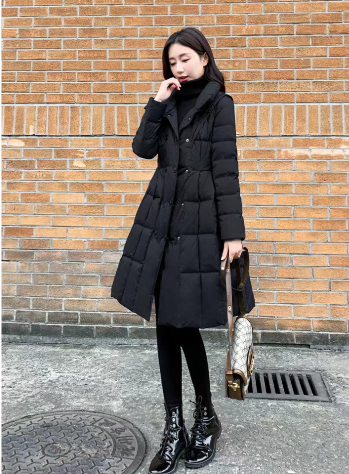 Long slim down coat pinched waist black coat for women
