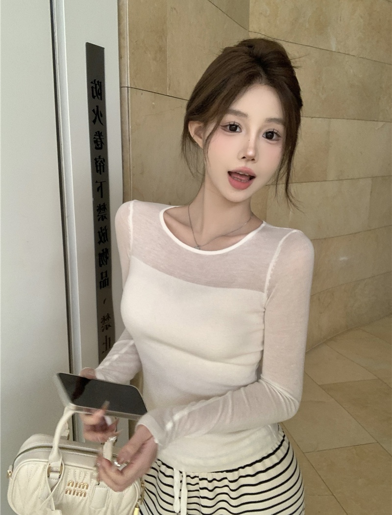 Splice round neck bottoming shirt Korean style knitted tops