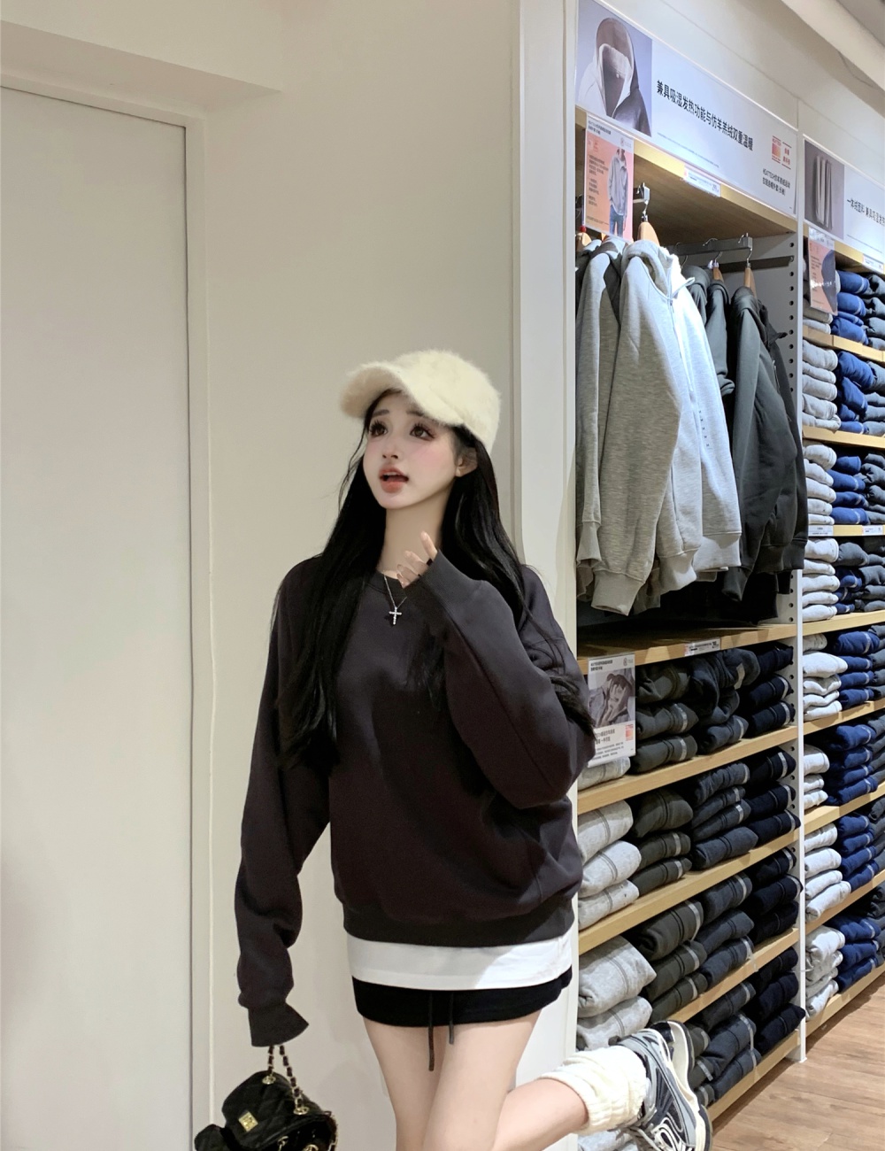 Pseudo-two round neck hoodie autumn loose tops