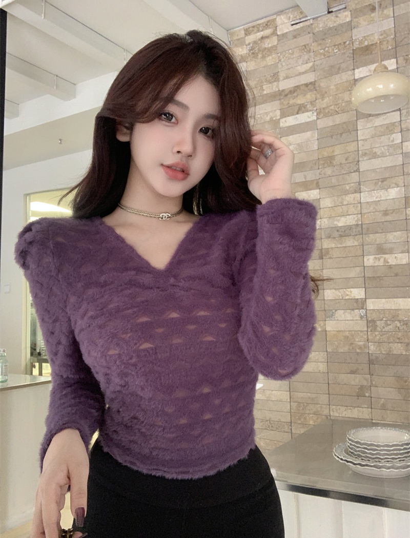 France style puff sleeve hollow niche V-neck tops
