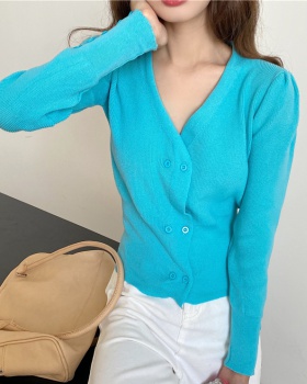 Puff sleeve knitted V-neck small cardigan