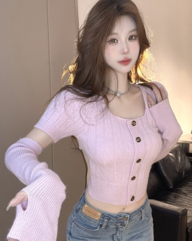 Show young puff sleeve tops knitted sweater for women