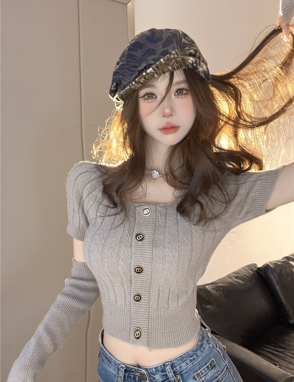 Show young puff sleeve tops knitted sweater for women