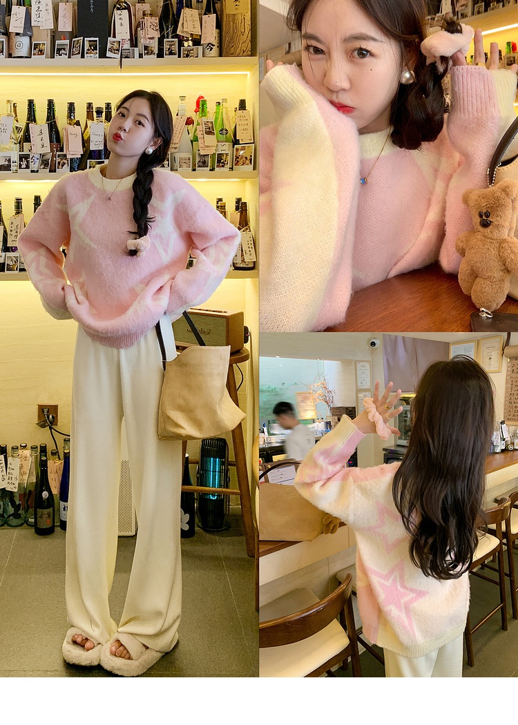 Thick stars sweater round neck pink tops