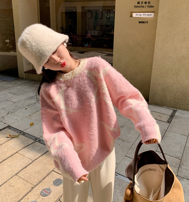 Thick stars sweater round neck pink tops