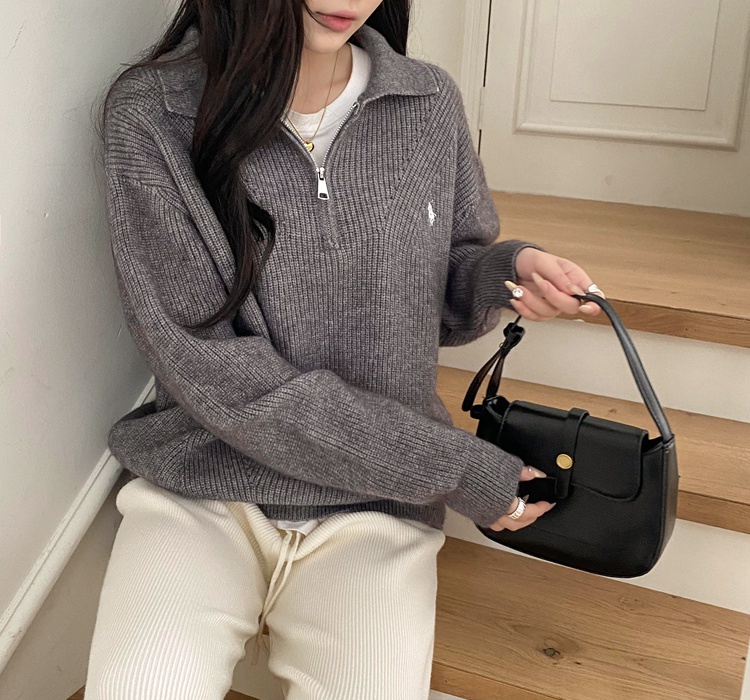 Knitted pure lapel Korean style personality sweater