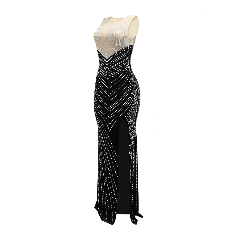 Fashion rhinestone sleeveless high split round neck dress