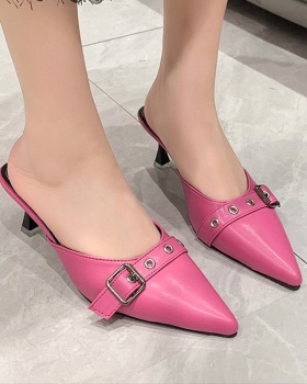 Korean style fine-root pointed summer middle-heel slippers