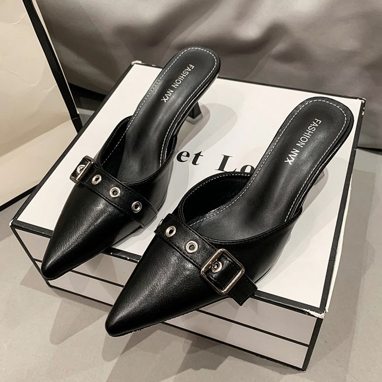 Korean style fine-root pointed summer middle-heel slippers