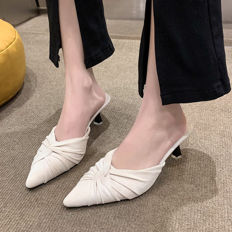 Korean style pointed fine-root summer middle-heel slippers