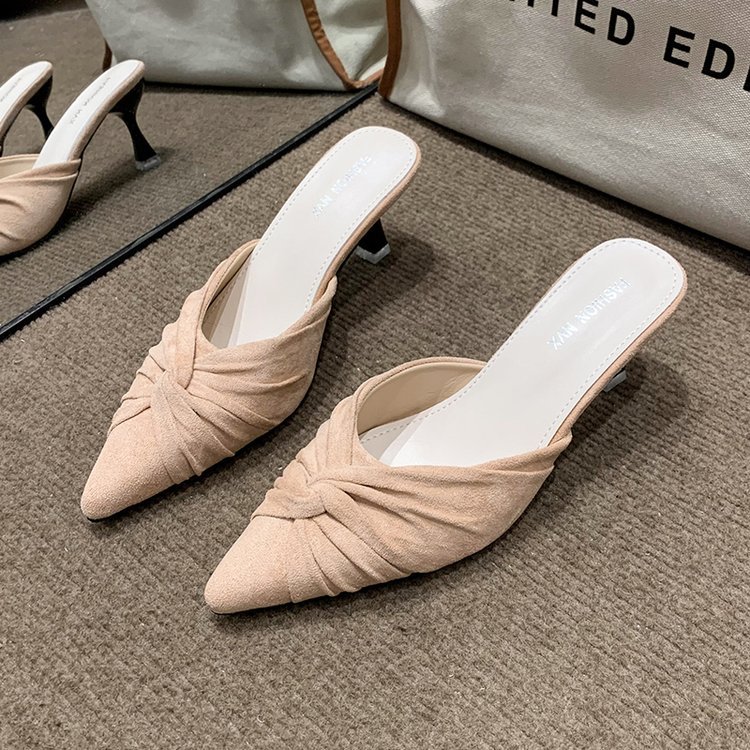Korean style pointed fine-root summer middle-heel slippers
