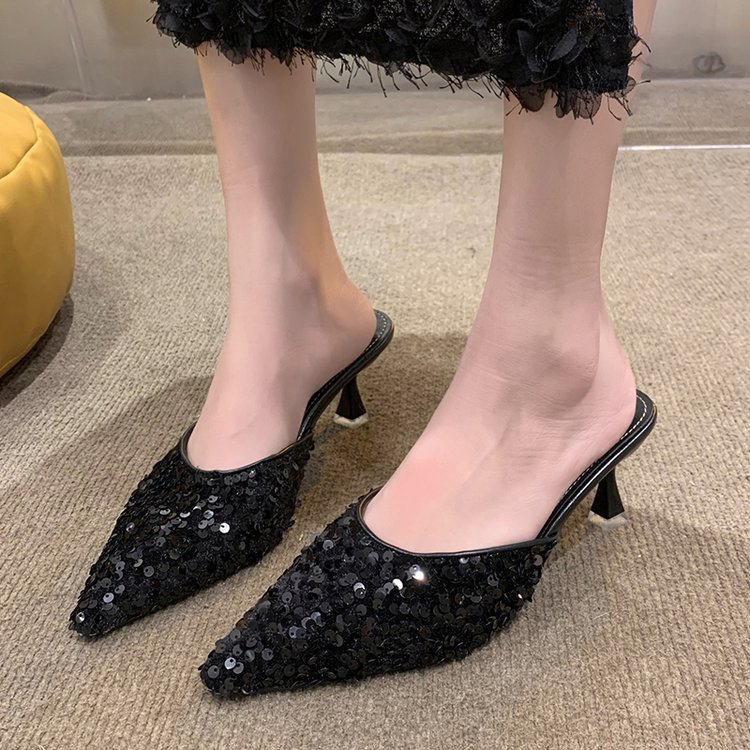 Pointed fine-root spring and autumn middle-heel slippers
