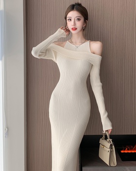 Bottoming Pseudo-two long dress strapless sweater dress