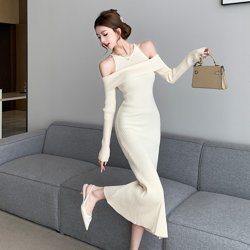 Bottoming Pseudo-two long dress strapless sweater dress