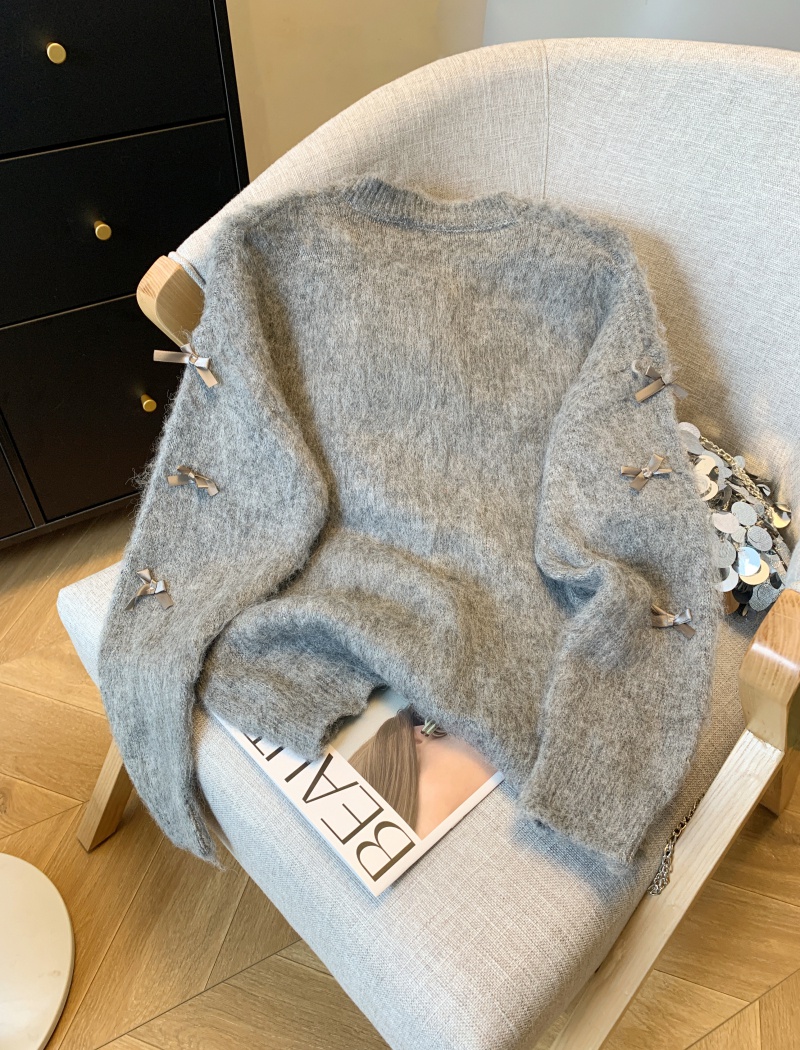 Temperament knitted cardigan bow gray sweater for women