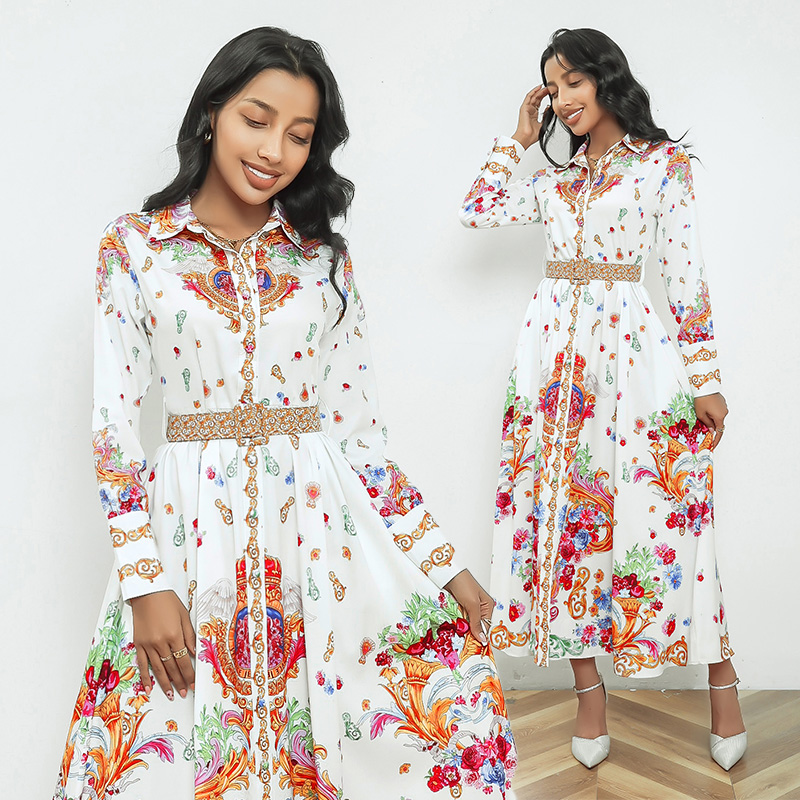 Cstand collar court style long sleeve printing dress
