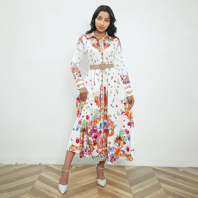 Cstand collar court style long sleeve printing dress