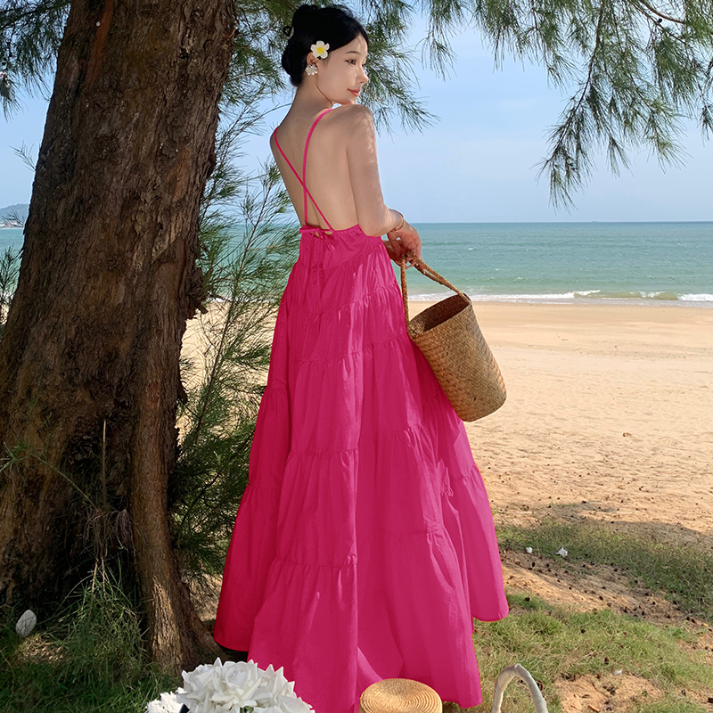 Travel seaside halter dress pink vacation beach dress