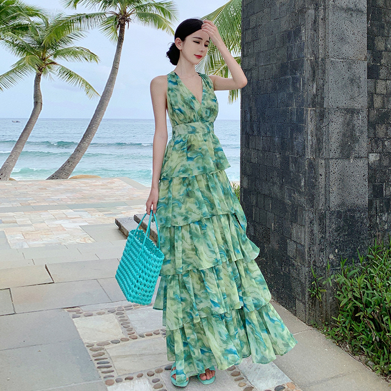 Summer green vacation France style cake sling dress