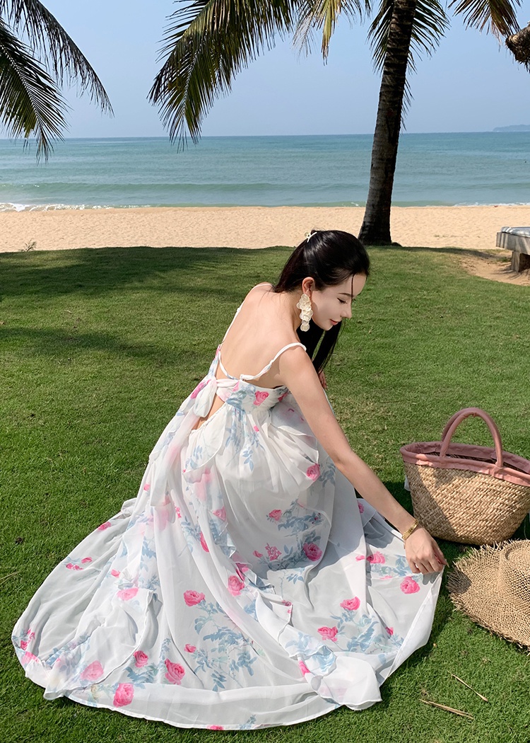 Sling seaside floral dress vacation lady long dress