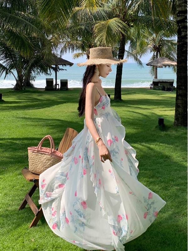 Sling seaside floral dress vacation lady long dress