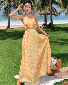 Vacation pinched waist long dress floral halter dress