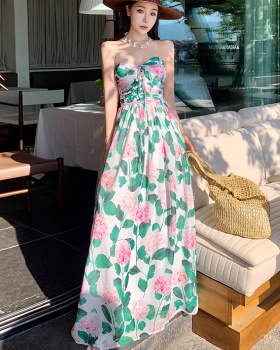 Sleeveless crimp printing wrapped chest vacation dress