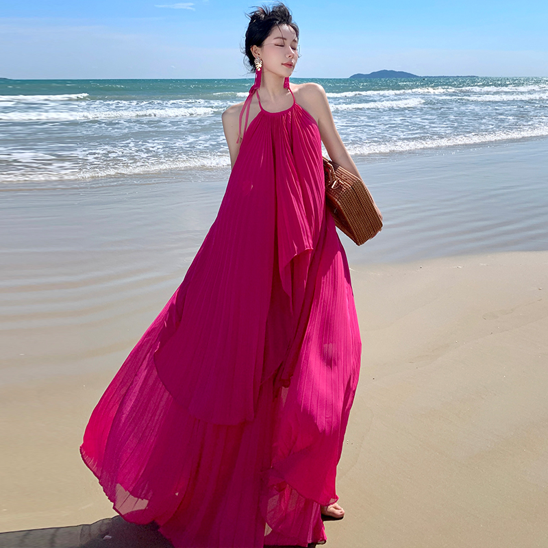 Halter vacation dress beautiful seaside long dress a set