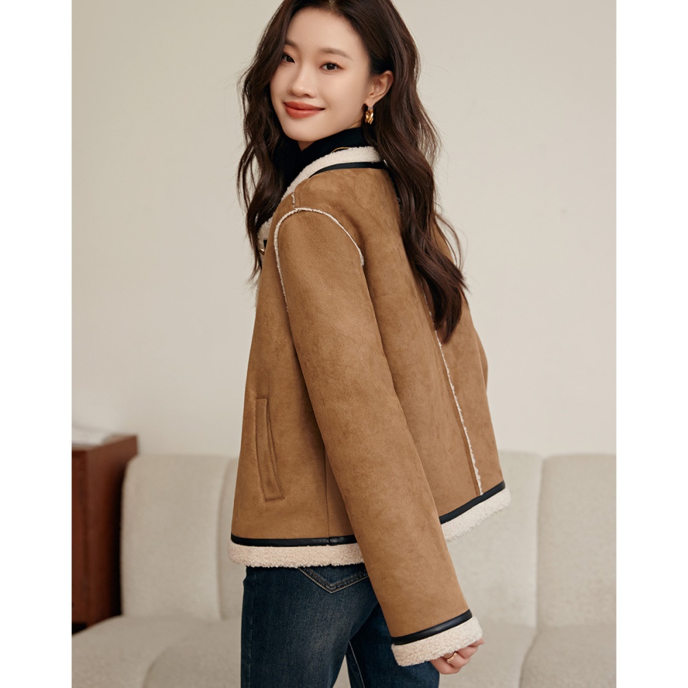 Round neck leatherette retro Korean style coat for women